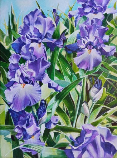 Painting titled "Irises in the garden" by Kirill Shevchenko, Original Artwork, Acrylic Mounted on Wood Stretcher frame