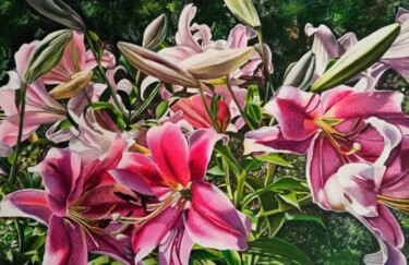 Painting titled "Pink lilies" by Kirill Shevchenko, Original Artwork, Acrylic Mounted on Wood Stretcher frame