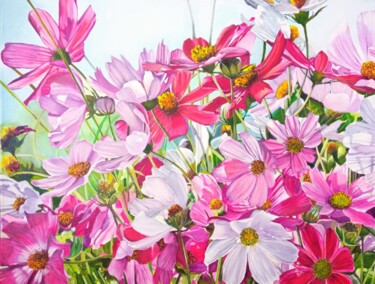 Painting titled "Cosmos flowers" by Kirill Shevchenko, Original Artwork, Acrylic