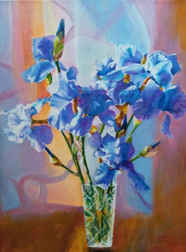 Картина под названием "Irises in a crystal…" - Kirill Shevchenko, Подлинное произведение искусства, Акрил Установлен на Дере…