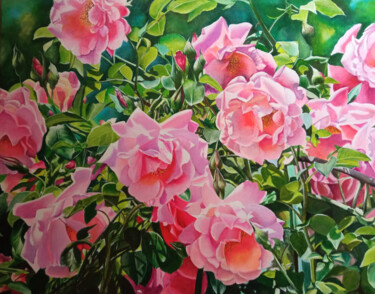 Painting titled "Pink roses in the g…" by Kirill Shevchenko, Original Artwork, Acrylic