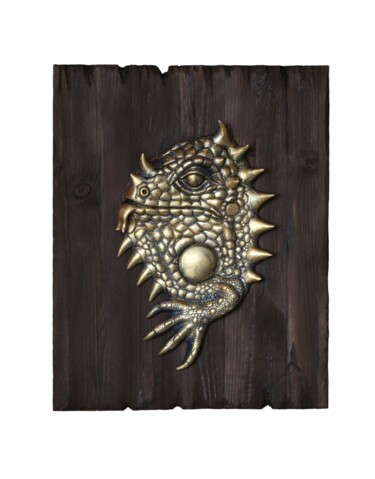 Sculpture titled "Iguana Wall Ceramic…" by Valery Kirillov, Original Artwork, Ceramics Mounted on Wood Panel