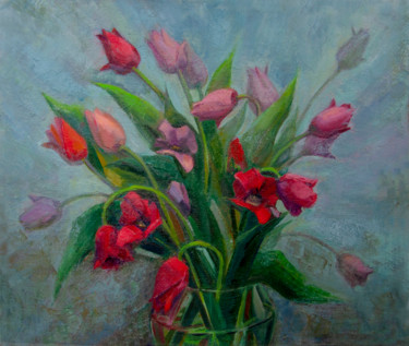 Painting titled "Bouquet of red scar…" by Irina Kuzina, Original Artwork, Oil