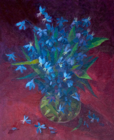 Pintura intitulada "Blue flowers on mag…" por Irina Kuzina, Obras de arte originais, Óleo