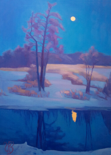 Painting titled "Winter full moon" by Irina Kuzina, Original Artwork, Oil Mounted on Wood Stretcher frame