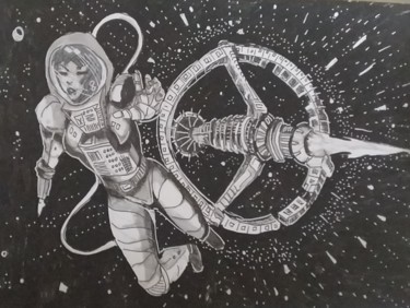 Dessin intitulée "conquête de l'espace" par Sarah Bouzaglou Boissin, Œuvre d'art originale, Encre