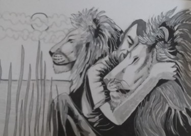 Dessin intitulée "l'homme aux lions" par Sarah Bouzaglou Boissin, Œuvre d'art originale, Encre