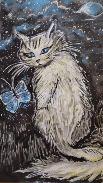 Drawing titled "le chat qui rêvait" by Sarah Bouzaglou Boissin, Original Artwork, Conté