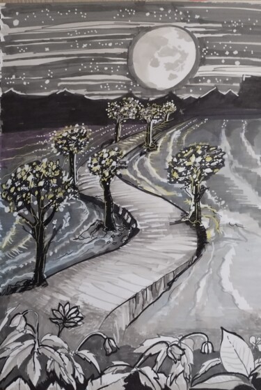 Dibujo titulada "au bout de la nuit" por Sarah Bouzaglou Boissin, Obra de arte original, Tinta