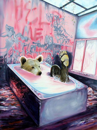 Malarstwo zatytułowany „Bath Bear” autorstwa Kirk Shiflett, Oryginalna praca, Olej