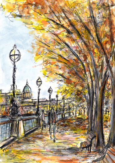 Рисунок под названием "Autumn In London" - Kirstin Mccoy, Подлинное произведение искусства, Акрил