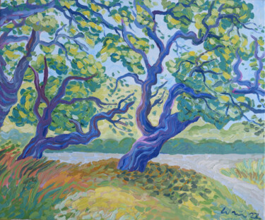 Pintura intitulada "Cork oak trees near…" por Kirsty Wain, Obras de arte originais, Óleo