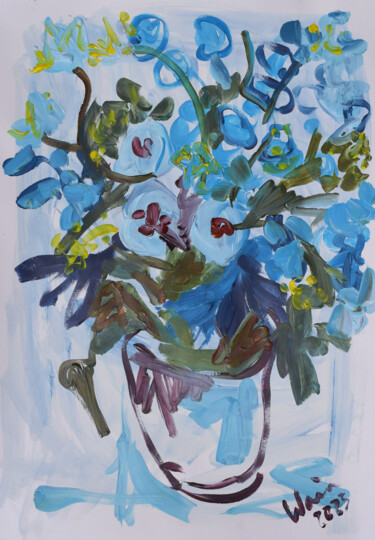 Malerei mit dem Titel "Flores azules (2023)" von Kirsty Wain, Original-Kunstwerk, Acryl