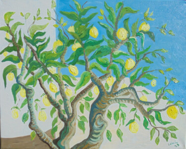 Painting titled "Lemon tree" by Kirsty Wain, Original Artwork, Oil Mounted on Wood Stretcher frame