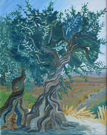 Painting titled "Olive trees in Alha…" by Kirsty Wain, Original Artwork, Oil Mounted on Wood Stretcher frame