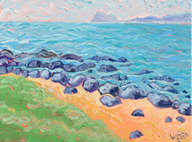 Painting titled "COASTAL BLUES - PLA…" by Kirsty Wain, Original Artwork, Oil Mounted on Wood Stretcher frame