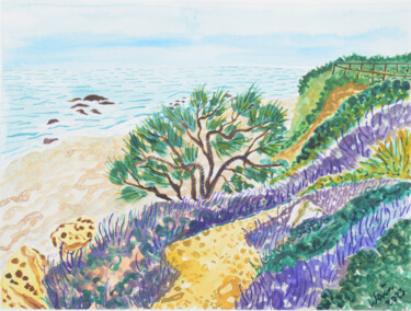 Pintura intitulada "Hidden beach (Beach…" por Kirsty Wain, Obras de arte originais, Aquarela