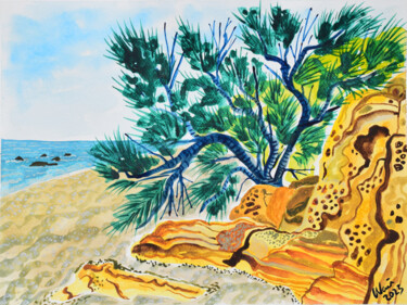 Painting titled "Playa con Rocas y a…" by Kirsty Wain, Original Artwork, Watercolor