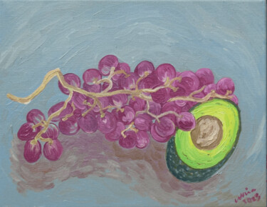 Painting titled "Grapes and avocado" by Kirsty Wain, Original Artwork, Oil Mounted on Wood Stretcher frame