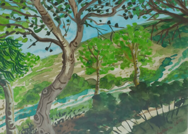 Ζωγραφική με τίτλο "Pine trees on the S…" από Kirsty Wain, Αυθεντικά έργα τέχνης, Ακουαρέλα Τοποθετήθηκε στο Plexiglass