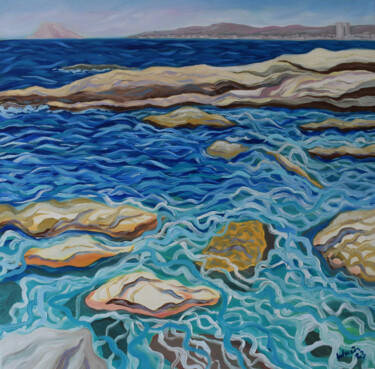 Painting titled "View of Gibraltar f…" by Kirsty Wain, Original Artwork, Oil Mounted on Wood Stretcher frame