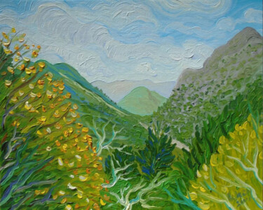 Painting titled "Mountains view near…" by Kirsty Wain, Original Artwork, Oil Mounted on Wood Stretcher frame