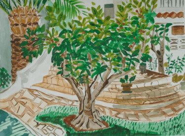 Painting titled "Nispero tree in Spa…" by Kirsty Wain, Original Artwork, Watercolor Mounted on Plexiglass