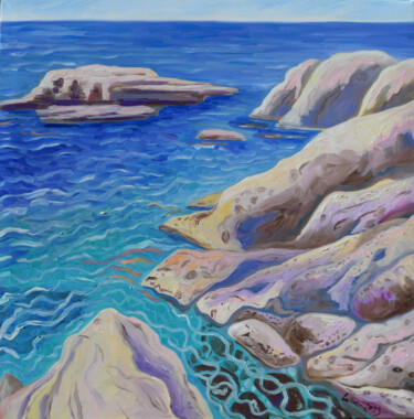 Painting titled "Rocas de Manilva" by Kirsty Wain, Original Artwork, Oil Mounted on Wood Stretcher frame