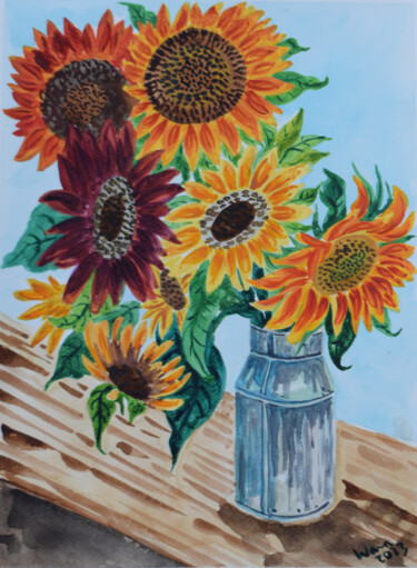 Schilderij getiteld "Sunflowers III" door Kirsty Wain, Origineel Kunstwerk, Aquarel