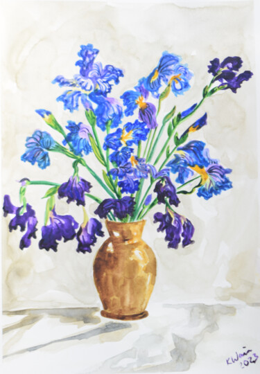 Pintura titulada "Vase of Irises (202…" por Kirsty Wain, Obra de arte original, Acuarela