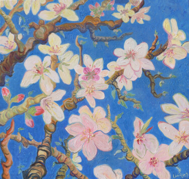 Painting titled "Almond Blossom" by Kirsty Wain, Original Artwork, Oil Mounted on Wood Stretcher frame