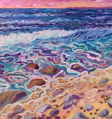 Painting titled "Coastal Sunset in M…" by Kirsty Wain, Original Artwork, Oil Mounted on Wood Stretcher frame