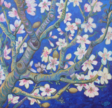Painting titled "Almond blossom at n…" by Kirsty Wain, Original Artwork, Oil Mounted on Wood Stretcher frame