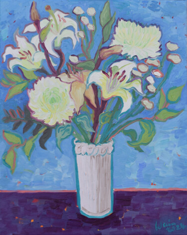 Painting titled "White flowers in a…" by Kirsty Wain, Original Artwork, Oil Mounted on Wood Stretcher frame