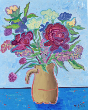 Painting titled "Bouquet in a vase" by Kirsty Wain, Original Artwork, Oil Mounted on Wood Stretcher frame