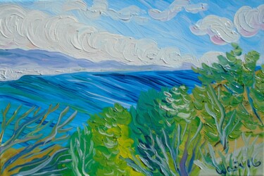 Painting titled "Sea and Mountain Vi…" by Kirsty Wain, Original Artwork, Oil Mounted on Wood Stretcher frame