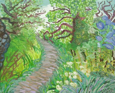 Schilderij getiteld "Summer Lane" door Kirsty Wain, Origineel Kunstwerk, Olie Gemonteerd op Frame voor houten brancard