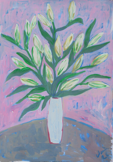 Картина под названием "White Lilies" - Kirsty Wain, Подлинное произведение искусства, Акрил