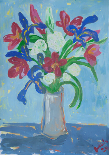 Malerei mit dem Titel "Bouquet with Irises" von Kirsty Wain, Original-Kunstwerk, Acryl