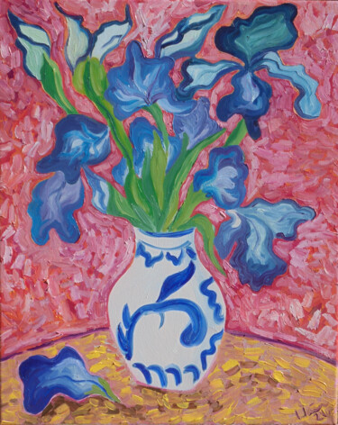 Painting titled "IRISES IN CHINESE V…" by Kirsty Wain, Original Artwork, Oil Mounted on Wood Stretcher frame