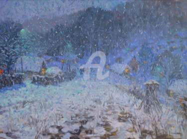 Painting titled "Winter Evening in t…" by Helen Kishkurno, Original Artwork, Oil