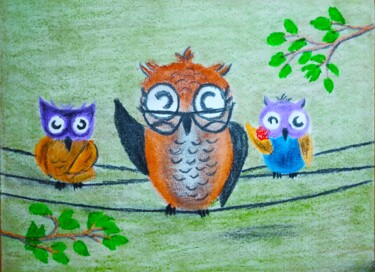 Pintura intitulada "The Owl" por Kishore Bishoi, Obras de arte originais, Pastel