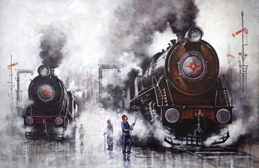 Schilderij getiteld "Nostalgia of Steam…" door Kishore Pratim Biswas, Origineel Kunstwerk, Acryl