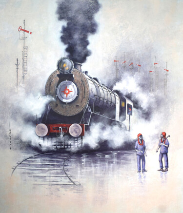 Pittura intitolato "Nostalgia of Steam…" da Kishore Pratim Biswas, Opera d'arte originale, Acrilico