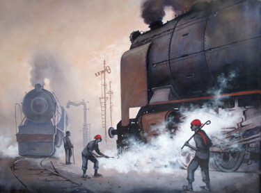 Ζωγραφική με τίτλο "Indian Steam locomo…" από Kishore Pratim Biswas, Αυθεντικά έργα τέχνης, Ακρυλικό