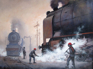 Painting titled "Indian Steam locomo…" by Kishore Pratim Biswas, Original Artwork, Acrylic