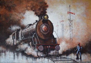 Malerei mit dem Titel "Indian Steam locomo…" von Kishore Pratim Biswas, Original-Kunstwerk, Acryl