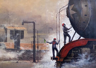 Pittura intitolato "Indian Steam locomo…" da Kishore Pratim Biswas, Opera d'arte originale, Acrilico