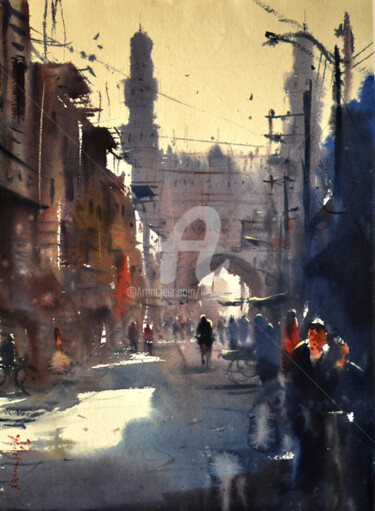Schilderij getiteld "Lad Bazar-Charminar…" door Kishore Singh, Origineel Kunstwerk, Aquarel