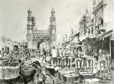 Zeichnungen mit dem Titel "Street Fruits Vendo…" von Kishore Singh, Original-Kunstwerk, Graphit